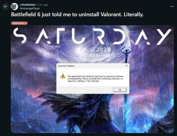 Мем дня: Battlefield 6 требует удалить Valorant с ПК, чтобы запуститься — всё из-за Secure Boot, который читеры уже обошли