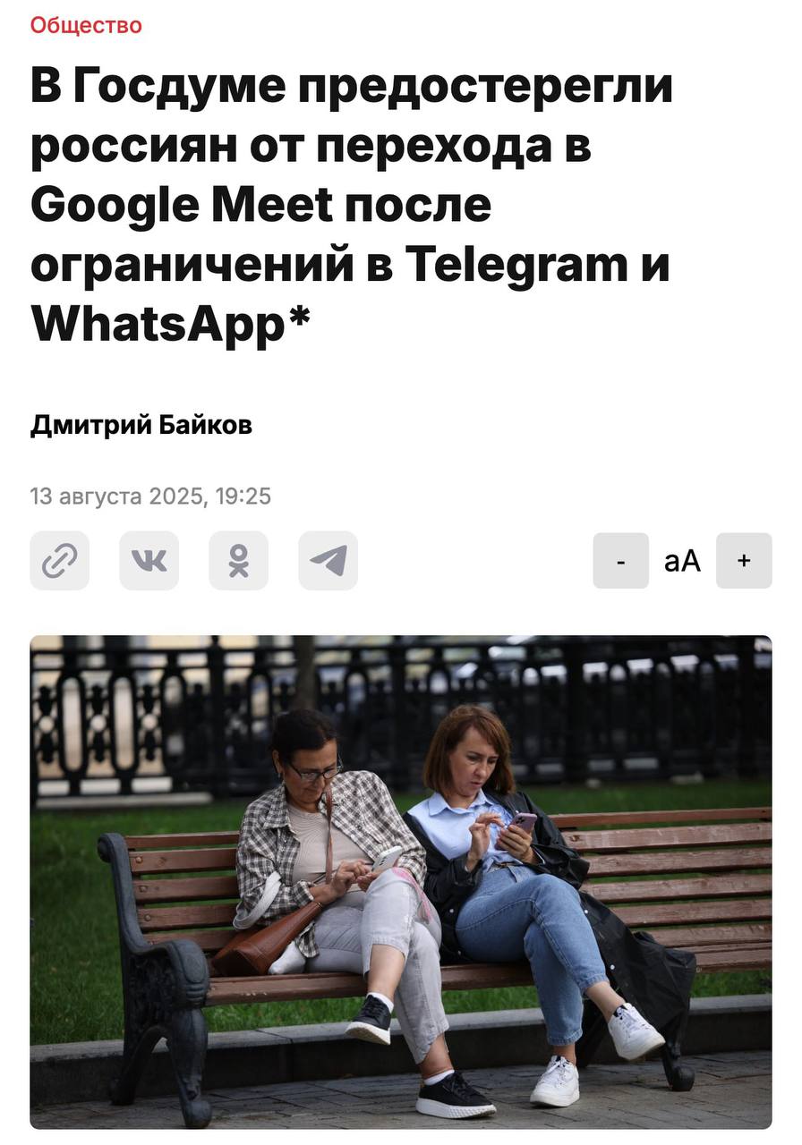 В Госдуме предостерегли россиян от использования Google Meet после бана звонков в Telegram и WhatsApp*