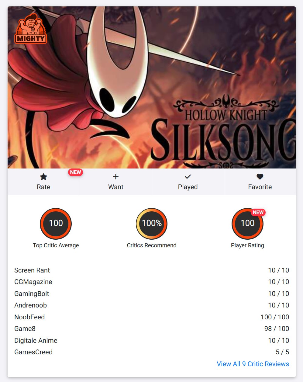 Hollow Knight: Silksong стала первой игрой в истории, которая получила 100 из 100 баллов на Opencritic