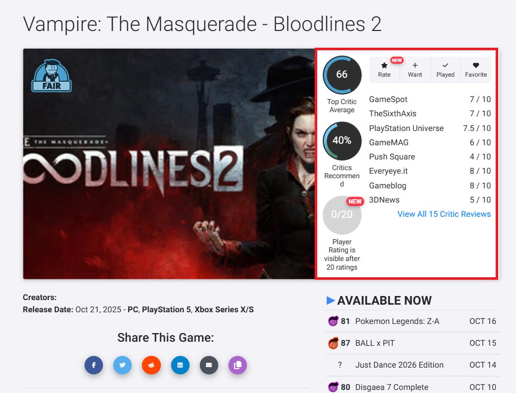 Vampire The Masquerade – Bloodlines 2 провалилась — игра собрала всего 67/100 на Metacritic и 66/100 на OpenCritic