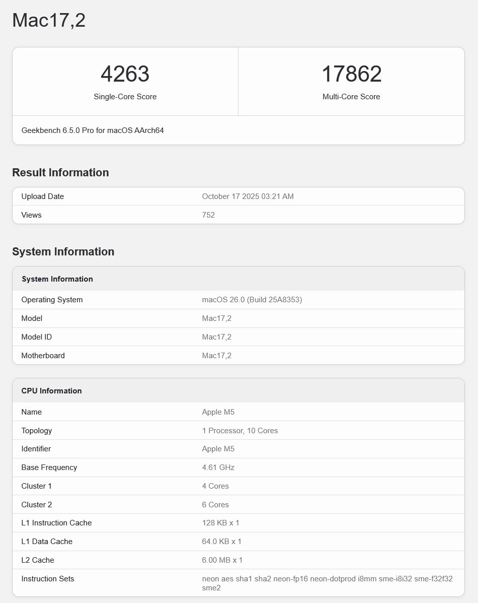 Apple M5 оказался самым мощным процессором на данный момент
