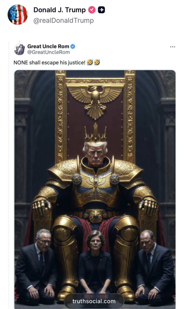А кто Хорус: Трамп на своём официальном аккаунте выкатил нейро арт, где он Император Человечества из Warhammer 40000 
